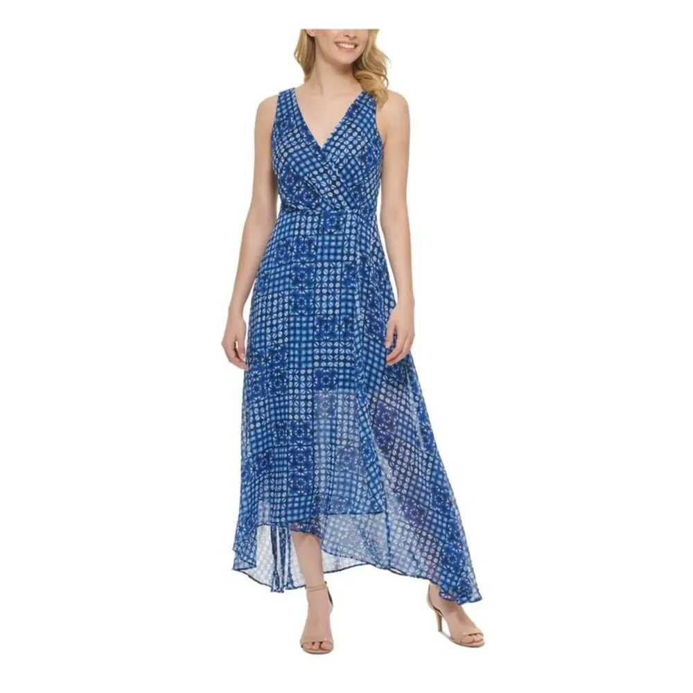 TOMMY HILFIGER Womens Asymmetrical Hem Lined Sleeveless Maxi Fit + Flare Dress